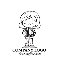 Black and White Chibi Girl Standing in Jacket, Pants, and Boots. Simple Bold Vector Illustration