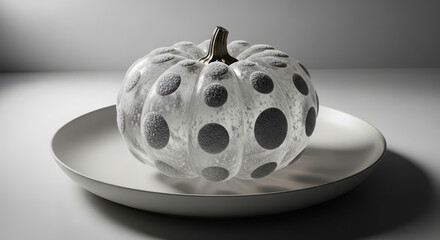 White polka dot pumpkin on a shallow dish