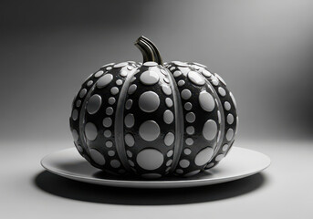 Black and white spotted pumpkin on a plate