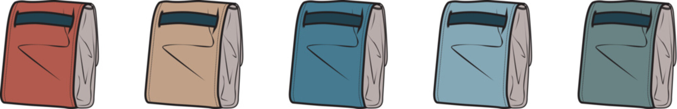 A colorful set of illustrated sleeping bags rolled up for camping, hiking, and outdoor adventure, showcasing a variety of color choices