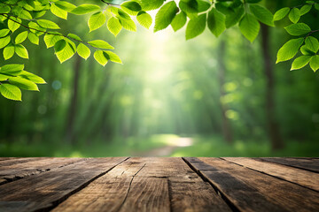 Wooden table surface with blurred forest background and sun rays