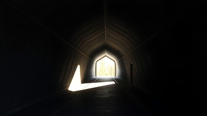 capitulating. Architectural tunnel with converging lines and fading natural light, perspective receding into darkness. real-estate listings.