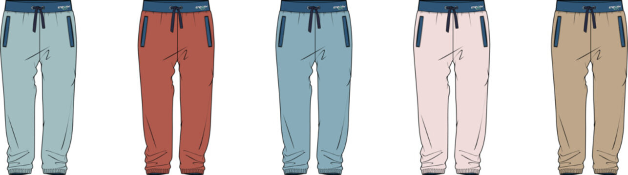 Collection of multi-colored jogger sweatpants with contrasting waistband and pockets. Fashion design technical flat template set