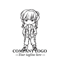 Black and White Chibi Girl Standing in Jacket, Pants, and Boots. Simple Bold Vector Illustration