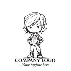 Black and White Chibi Girl Standing in Jacket, Pants, and Boots. Simple Bold Vector Illustration