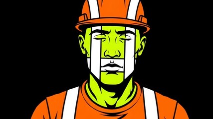 Animated construction worker wearing hard hat and safety vest, bold graphic style for safety campaigns and industrial presentations showcasing skilled labor and modern design