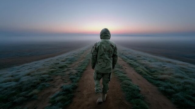 Person walking on a path towards the horizon at dawn - Powered by Adobe
