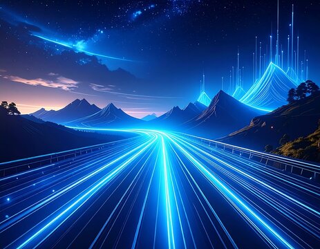 A luminous blue highway snakes through a mountainous landscape beneath a starry night. Lines of light trail from mountaintops