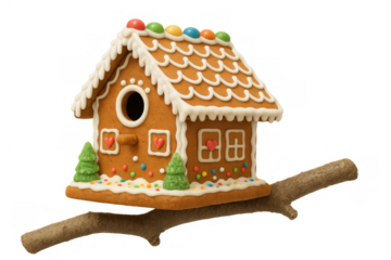 Gingerbread birdhouse cookie with colorful candy decorations sitting on a branch, festive christmas concept