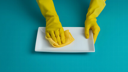 A person wearing yellow rubber gloves carefully wipes a white rectangular plate with a cloth on a teal background.