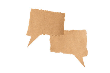 For conceptual image about communication and social media, customer feedback, two real blank grunge brown speech bubble torn paper with quotation mark isolated on white background