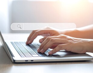 Person typing on a laptop with a digital search bar overlayed on the screen