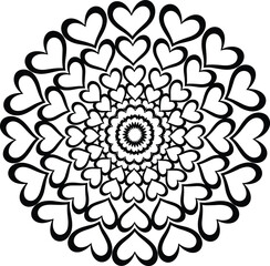 Heart mandala radial pattern, concentric love design, romantic decorative symmetry, abstract geometric ornament, black and white vector illustration art
