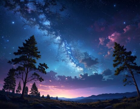 Digital artwork showing a vibrant Milky Way above trees and rolling hills at dusk