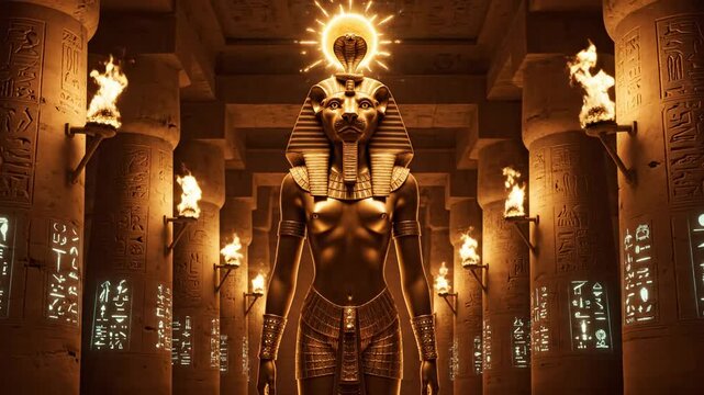 A regal feline statue in an ancient, torch-lit temple