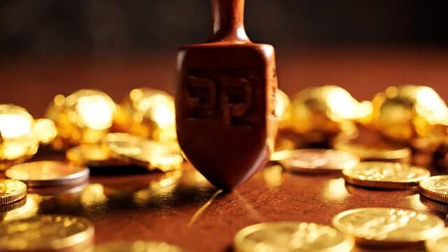 Close-up of a wooden dreidel with Hebrew letters spinning among scattered gold coins on a warm background, symbolizing Hanukkah celebration, Jewish traditions, and holiday joy, perfect for festive