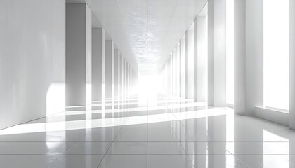 Fototapeta premium A bright, white hallway with light streaming through columns, creating a clean, modern, and minimalist aesthetic