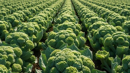 calabrese. Agricultural field of mature Calabrese broccoli with dense green florets under sunlight. public awareness campaigns.