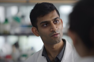 Fototapeta premium Young Scientist Engaged in Conversation in Modern Laboratory Setting