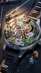 Miniature Watchmakers Repairing Mechanical Watch Movement Close Up Conceptual