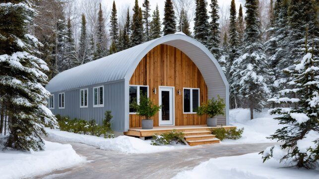 Modern Quonset hut architecture in winter snow forest
