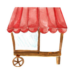 Watercolor vintage cart illustration. Circus tent or food cart isolated. Retro stall. Food street shop.
