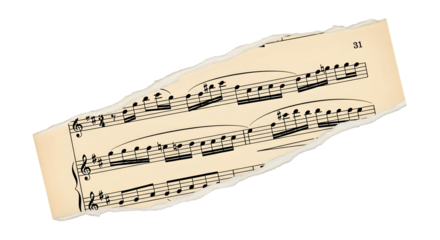 Torn sheet music with musical notes and staff lines isolated on transparent background