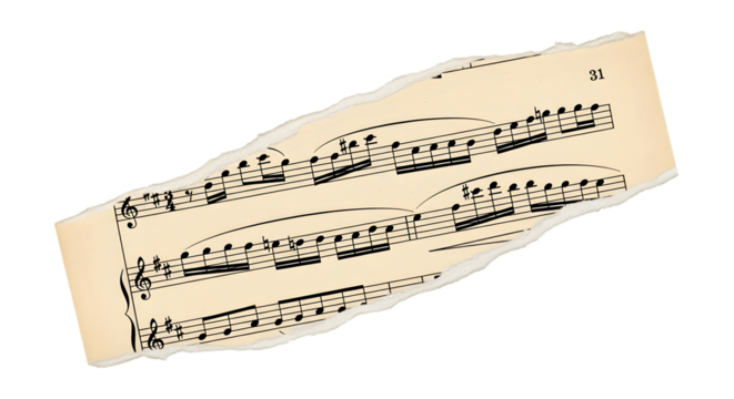 Torn sheet music with musical notes and staff lines isolated on transparent background - Powered by Adobe