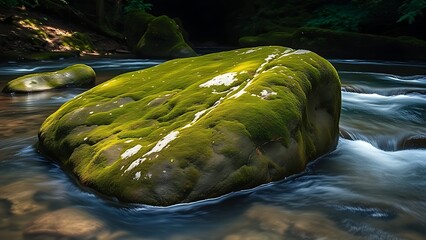 charnel. A large moss-covered rock in a forest pool with flowing water. gardening catalogs, home-decor guides, designed for home decor and floral branding and gardening and botanical catalogs.