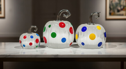 Polka dot pumpkins with metal stems on display