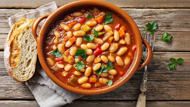Hearty Bean Stew in a Terracotta Bowl with Crusty Bread and Parsley food meal Cinematic Stock Footage for All Projects 4K UHD  Video