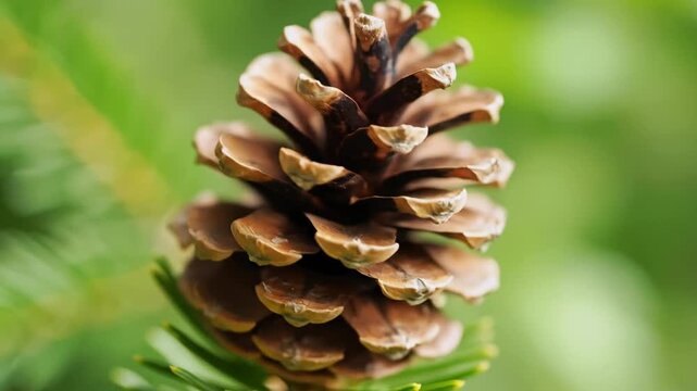 Close-up of a pinecone on a coniferous branch, with blurred green backdrop