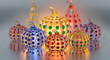 Vibrant glass pumpkins illuminated with colorful lights