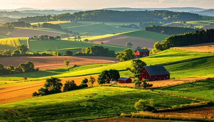 Naklejka premium Rolling Hills Farm Landscape At Sunset With Red Barns And Green Fields Bathed In Golden Light