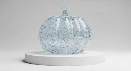 Clear glass pumpkin sculpture on white pedestal