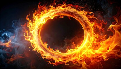 Fototapeta premium A ring of fire with blue smoke accents on dark background