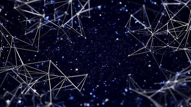 Abstract network of glowing white lines and dots against a dark blue cosmic background