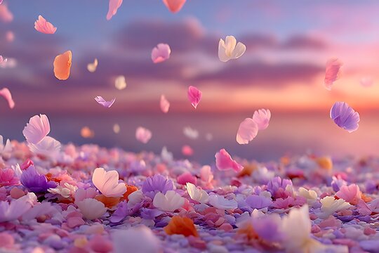 Falling pastel flower petals over dreamy sunset high resolution image