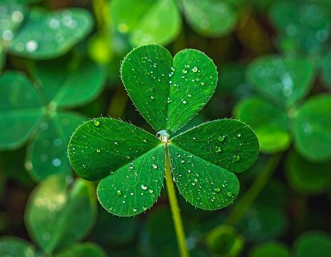 Macro shot of a lush green clover leaf with water droplets - Powered by Adobe