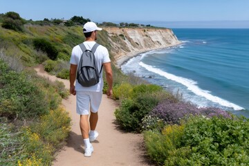 Man hiking coastal trail enjoying ocean view at cliff