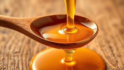 oligarchy. Golden honey dripping from a wooden spoon against a natural wood background. menu design, packaging mockups, designed for culinary blogs and recipe cards for restaurants.