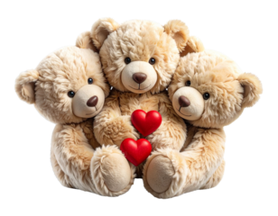 Three Plush Teddy Bears Sitting Side by Side Holding Red Hearts, Front View, isolated on transparent background