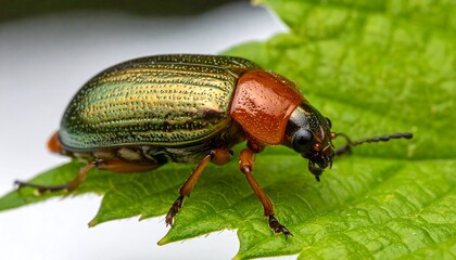 Fototapeta premium A close-up captures a shiny beetle with a copper-colored head atop a vibrant green leaf against a white background