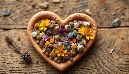 Dried wildflowers in a simple, handcrafted clay heart, evoking warmth and natural beauty,  organic,  vintage