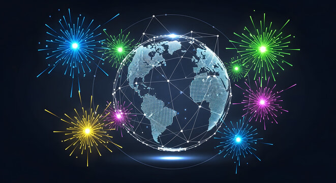Global network with fireworks, representing worldwide connectivity and celebration.