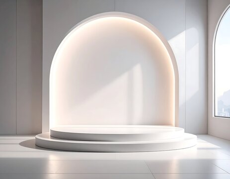 Modern architectural interior with a circular stage and arched alcove