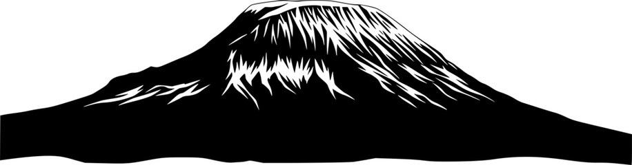 Mt Kilimanjaro silhouette – Black silhouette of Mount Kilimanjaro featuring its iconic snow-capped peak and rugged contours. Vector black clipart illustration design.
