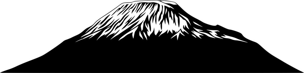Mt Kilimanjaro silhouette – Black silhouette of Mount Kilimanjaro featuring its iconic snow-capped peak and rugged contours. Vector black clipart illustration design.

