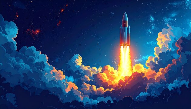 A rocket blasting off through thick, vibrant blue and white clouds under a starry night sky