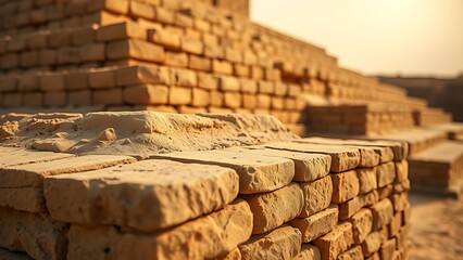 ziggurat. Ancient Mesopotamian mud-brick ziggurat structure, weathered surface in warm desert light. real-estate listings.